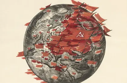 Skizze mit einem Erdball und sozialistischer Flagge
