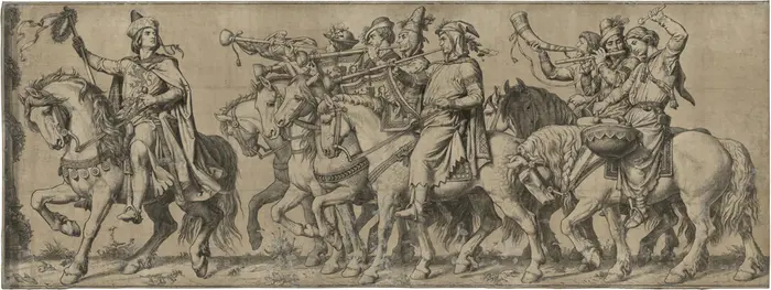 Die Zeichnung einer Gruppe Reiter mit Musikinstrumenten, angeführt von einem Reiter in stolzer Haltung.