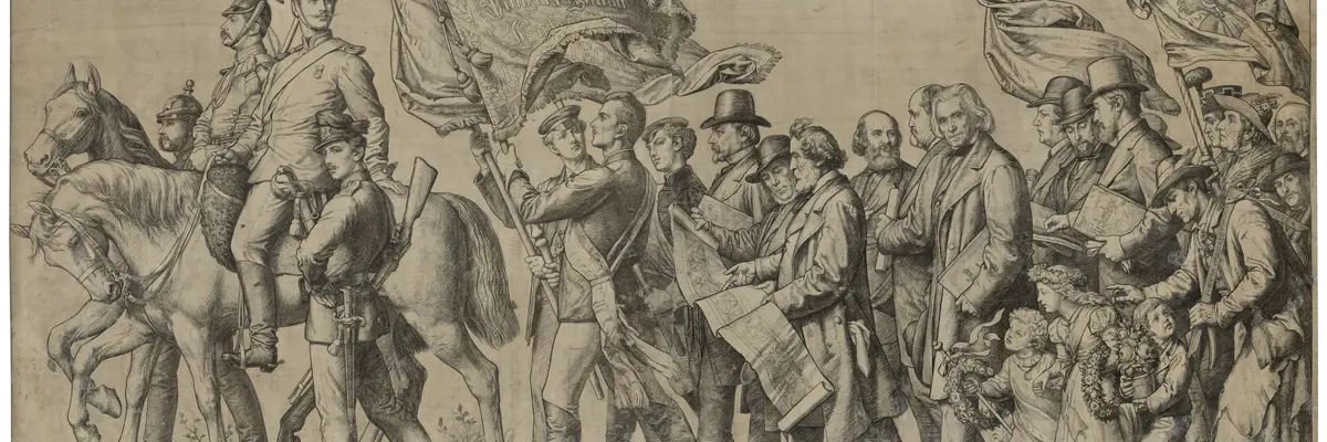 Die Zeichnung einer Gruppe Menschen, die von zwei Reitern angeführt wird.