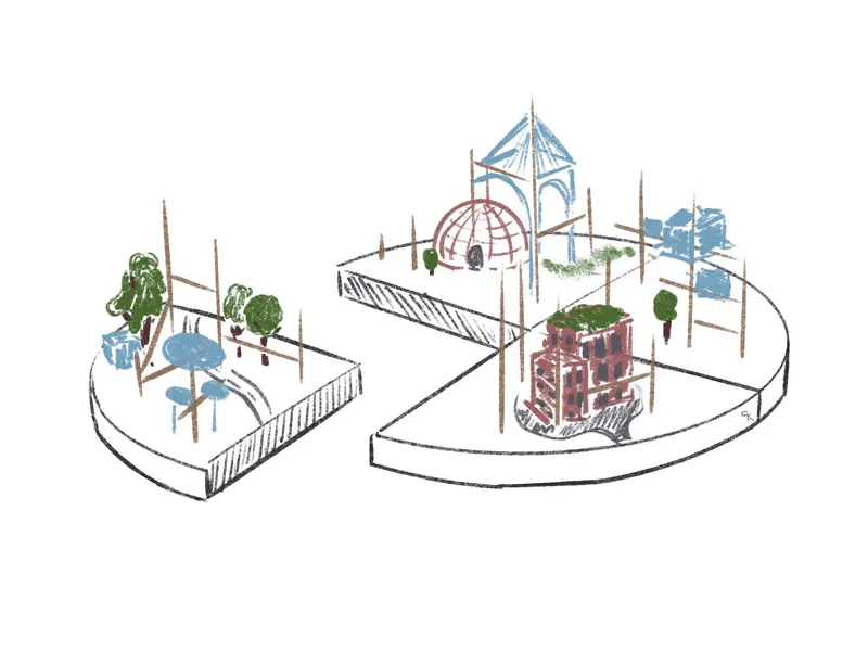 Skizze eines Kreises, auf dem verschiedene Gebäude einer Stadt dargestellt sind 