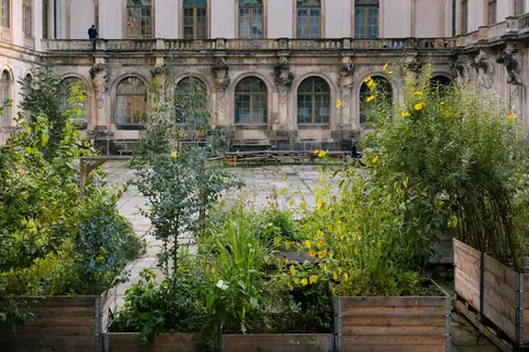 Garten mit Brunnen in einem Innenhof