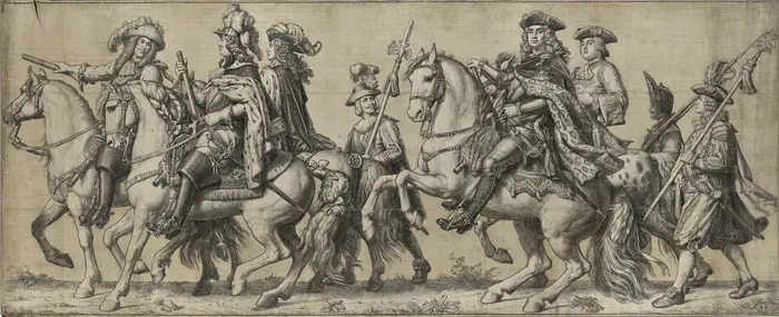 Die Zeichnung von Adeligen zu Pferde und ihrem Gefolge.