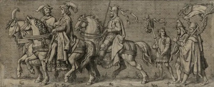 Die Zeichnung von drei Reitern, gefolgt von drei Männern mit Lanzen.