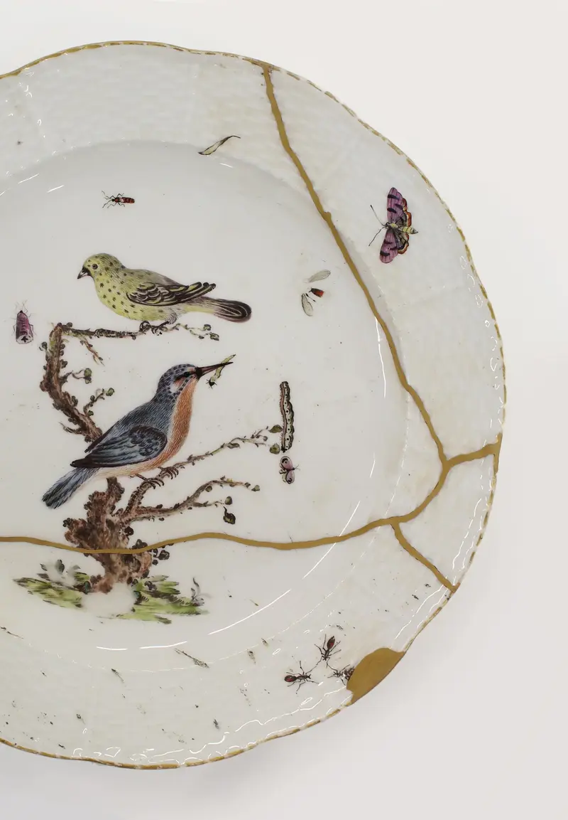 Porzellanteller mit Vögeln und goldenen Bruchstellen