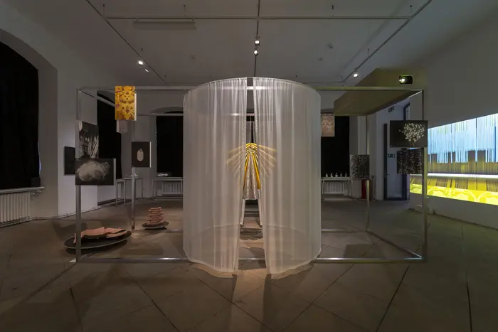 Ausstellungsraum mit Objekten und Filmprojektionen