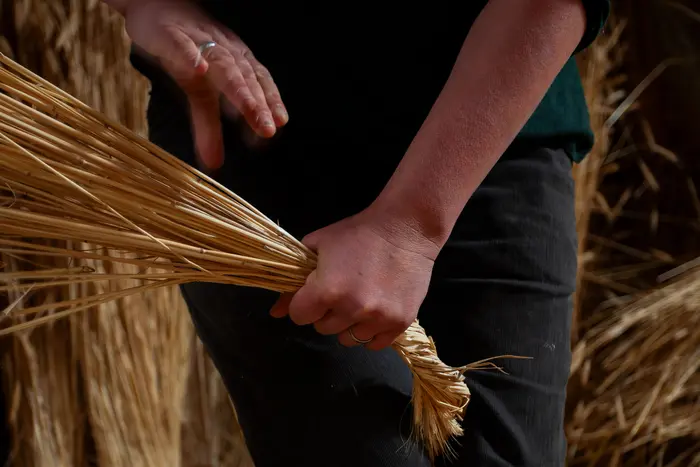 Hände, die ein Bündel Stroh drehen 
